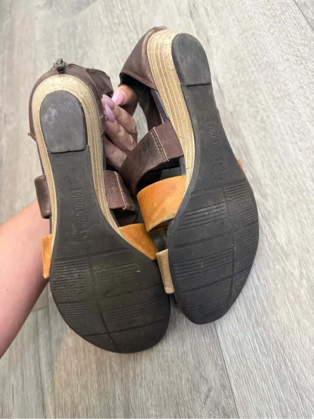 PIKOLINOS Two-Tone Leather Wedge Sandals - Dark Brown & Tan size 38